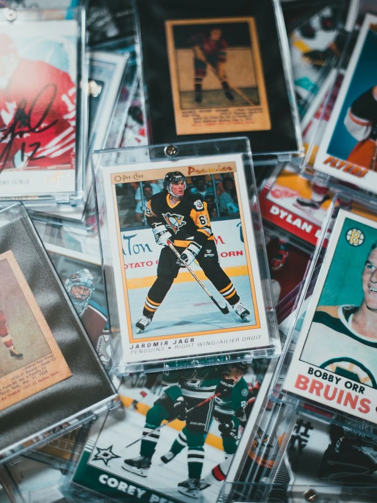A flat-lay of graded PSA slabs and an estate inventory folder on a neutral surface.
